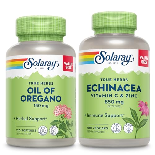 Oregano Softgels和Echinacea的SOLARAY油、VIT C & Zinc Imune支助补编 -- -- Oregano Oil和Echinacea Capsules w/维生素C 500mg + Bioflavoids、Vegan、60天保障,120ct/180ct