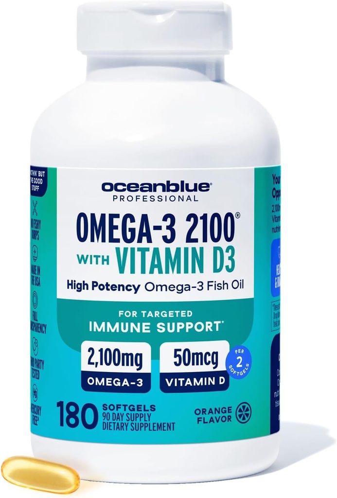 海洋蓝专业鱼油加维生素D3 → 三重力量2100mg Omega 3 DEA EPA DEA DHA → 野生捕捉 → Burpless Orange Flavor, 90名服役者(180名)