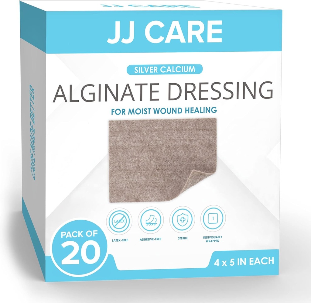JJ CARE 银钙 Alginate 伤口穿戴(包件20) 4x5, 银铝伤口穿戴 个人包装 高吸附性 非干燥的伤痕