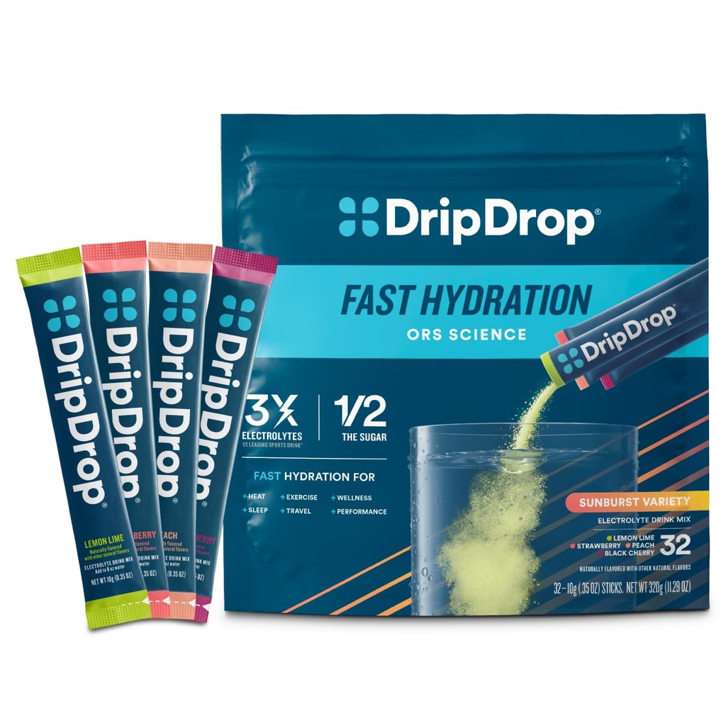 DripDrop水利包 - Sunburst Variety包 - 单服务电解质 粉末 饮料 混合剂 - Lemon Lime,草莓,桃子,黑樱桃 - 非GMO, Gluten Free, Vegan - 32棒