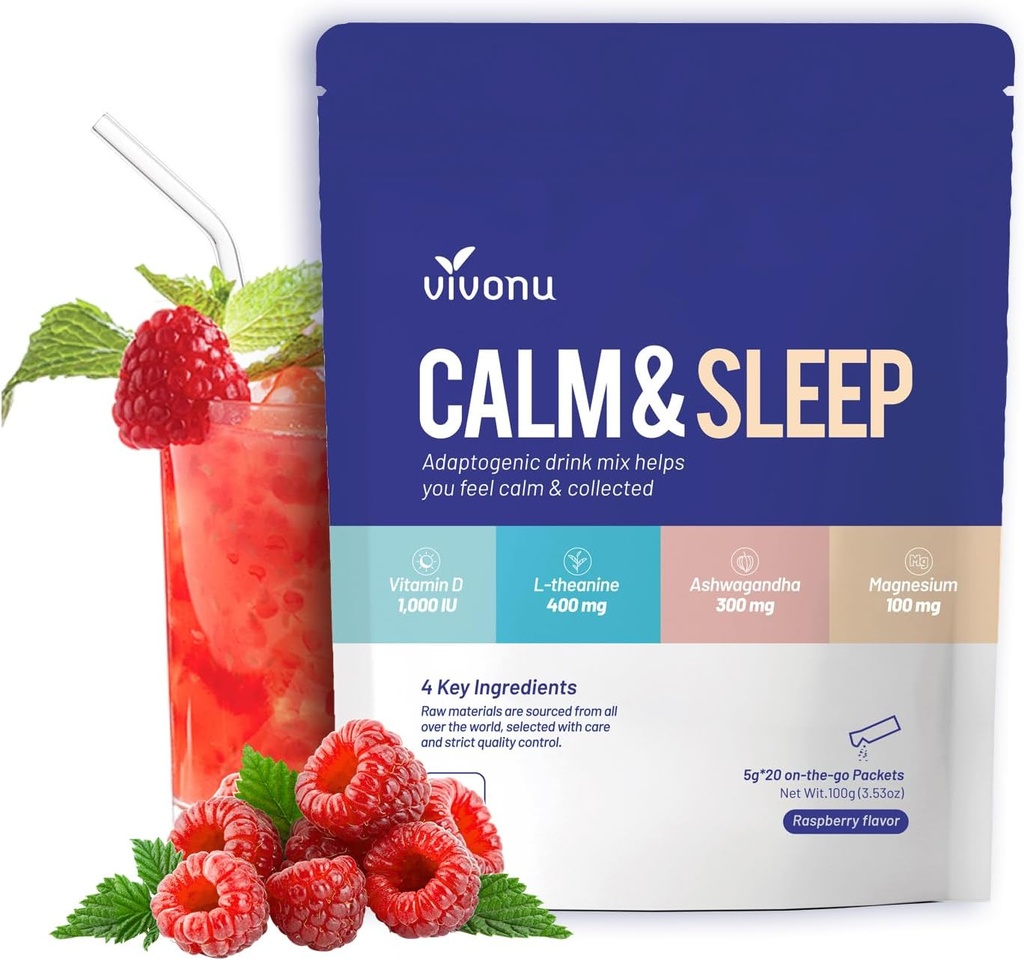 VivoNu Calm & Sleep Powdered Drink Raspberry L Theanine Ksm-66 甘氨酸甘氨酸甘氨酸甘氨酸维生素D 3 放松和聚焦补充剂(VSC M2)