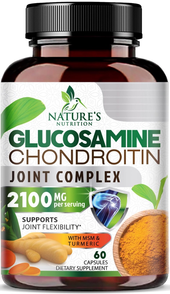 Glucosamine Chondroitin MSM 2100mg Complex - 与Turmeric & Boswellia,三强Glucosamine Supplements - 60 Capsules 为男女联合流动和舒适提供联合支助补编