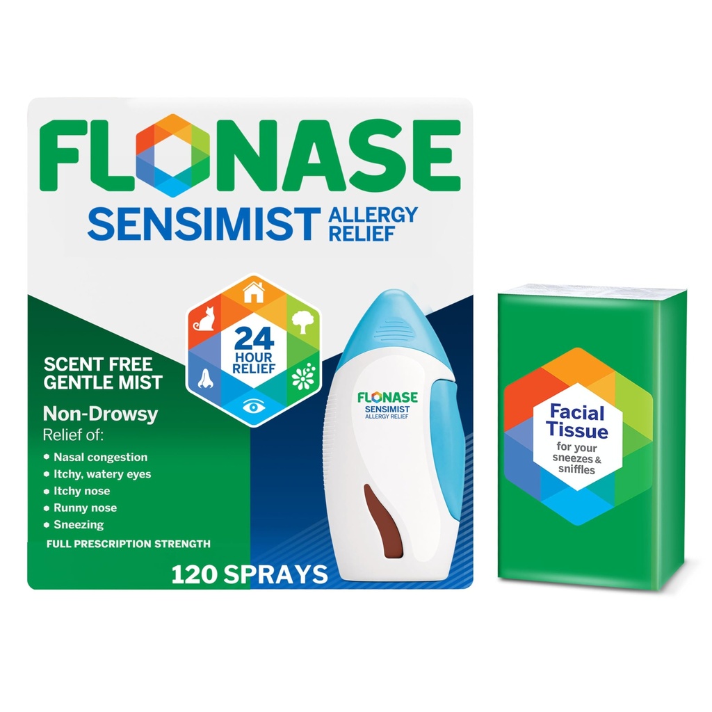 Flonase Sensimist 过敏性肾上腺增生剂 - 非沉淀性24HR 耐久性过敏性增生剂 精细无刺的雾 - 120 Sprays Plus Bonus 包组织