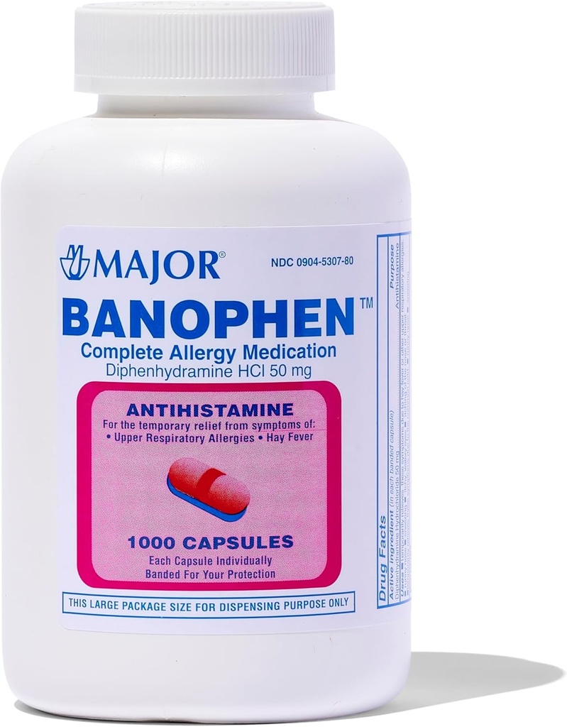 主要JOR Banophen 二酚胺HCI 50 mg Capsules - 暂时从Hay Fever和上呼吸道过敏反应的症状中解脱 - 抗己胺 - 过敏医学 - 1000 Capsules (1-Pack)