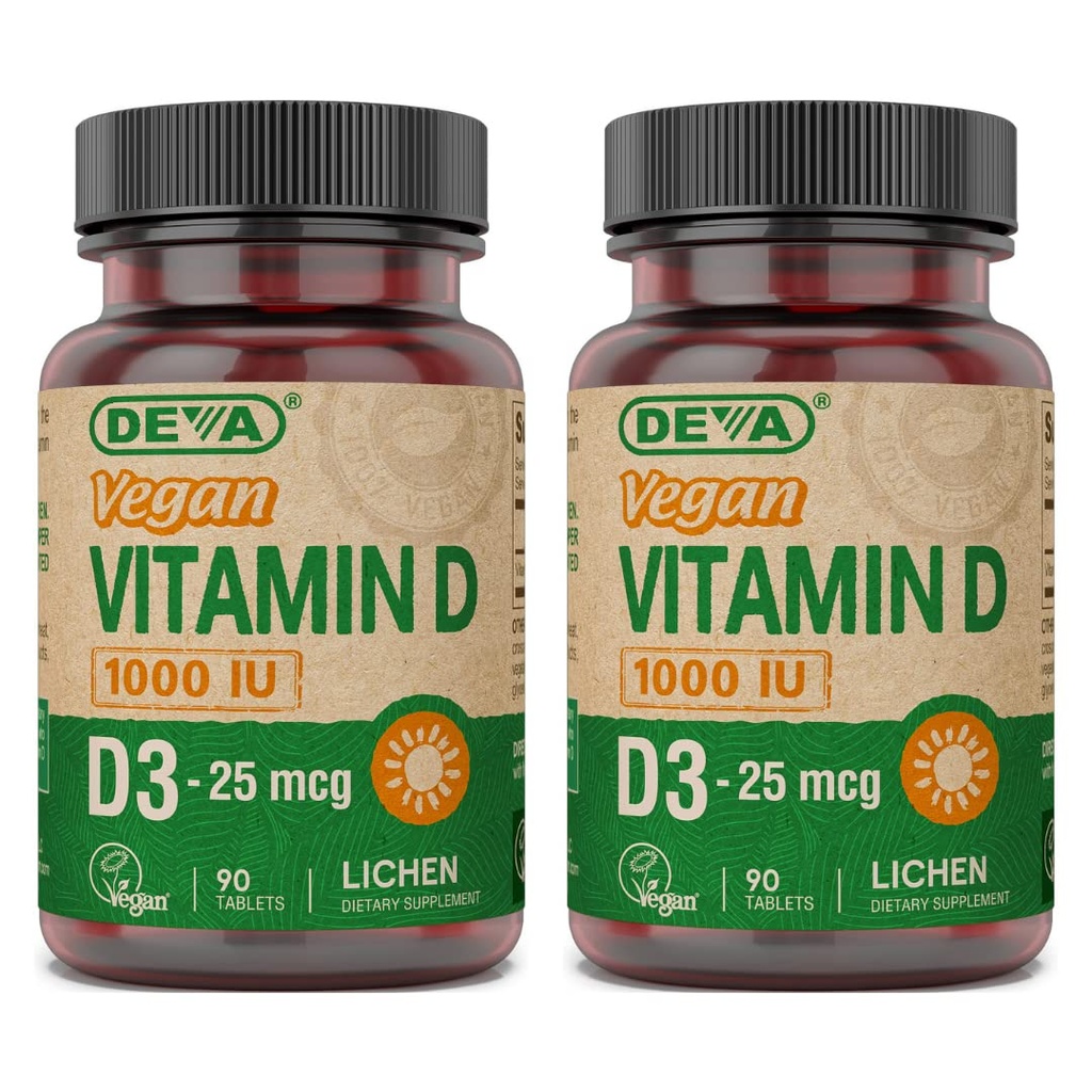 DEVA Vegan Vitamin D3 补充 - 配有1000 IU的一次日间食片 - Cholecalciferol - Lichen Plant Defived - 90 小片,2-Pack