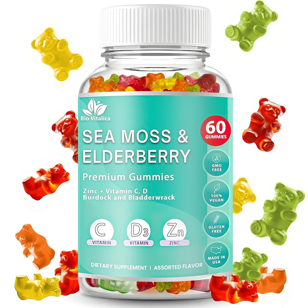 BIO VITALICA 海 Moss Gummys 老年莓 Belderberry BioVitalica - 维生素C D + Zinc - 爱尔兰 Seamoss Vegan Gummy 与 Sea Moss Gel & Powder 豁免,解毒 - 成人和儿童