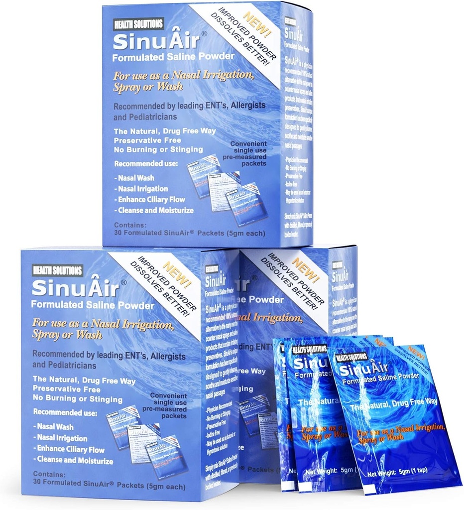 SinuAir Saline Packets for Sinus Rinse - SinuPulse Elite System, Neti Pot, Nose Wash Bottle & Nasal灌溉, 90 packets 预混合盐溶液粉
