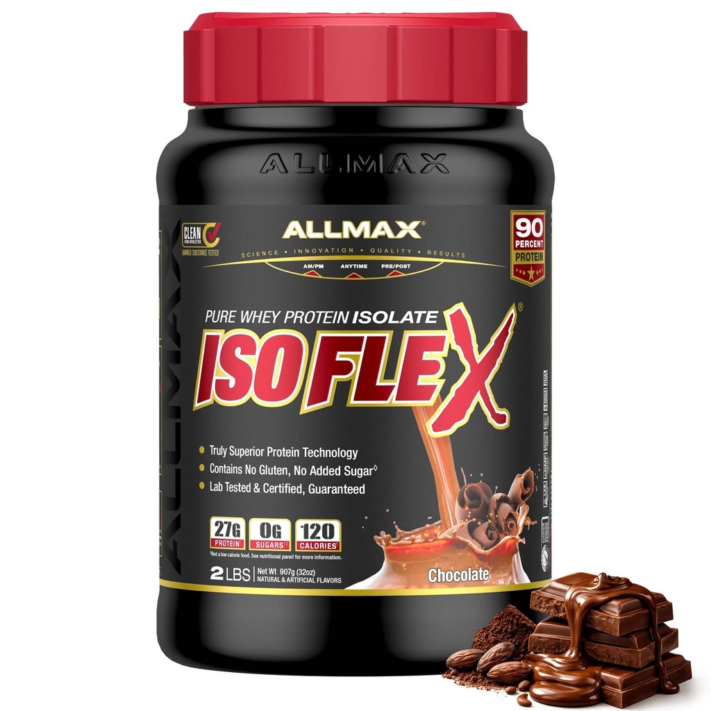 AllMAX ISOFLEX 蛋白质隔离剂,巧克力 - 2磅 - 27克蛋白质 Per Scoop - 零脂肪和糖 - 99% 自由乳糖 - Gluten Free & Soy - 免费 - 约30种