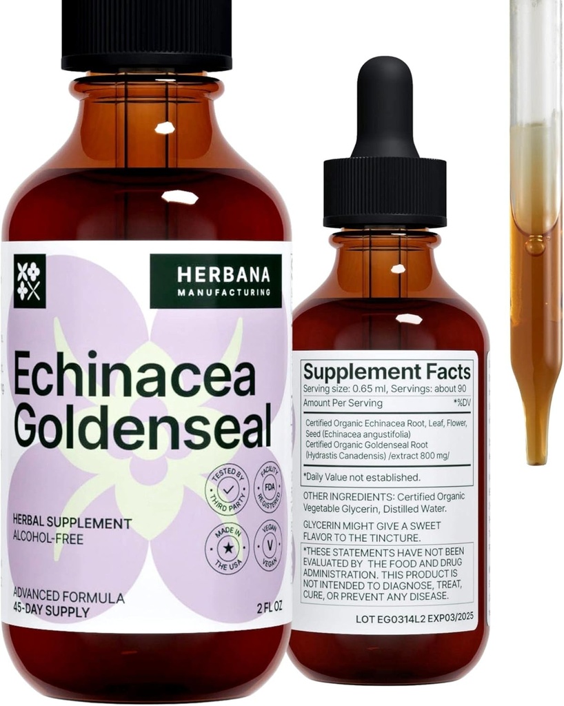 Echinacea和Goldenseal 2 fl oz 液体提取法 - 天然草药补充剂 - 免疫支持滴 - 增强睡眠 QQ助力 - 高潜力 - 45天供应
