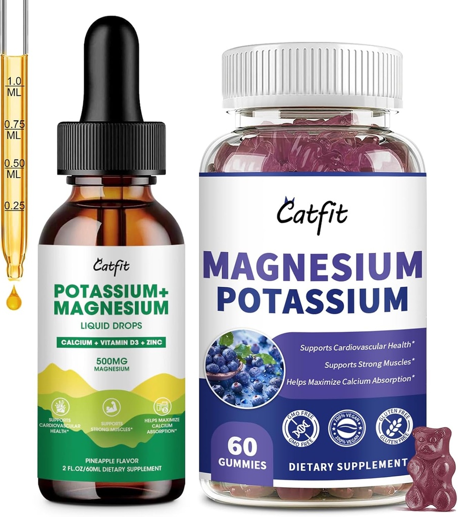 Catfit Potassium Magnesium 补充,Magnesium Potassium 复合补充,Sugar Free & Vegan, Immune 支持,Calm Mood & Sleep Support, Muscle 健康