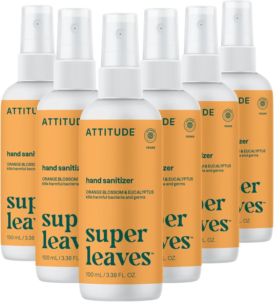 ATITUDE Hand Sanitizer Spray、EWG 验证、杀菌剂和细菌、Vegan和植物、成人和儿童安全、橙花和Eucalyptus Scent、3.38 Fl Oz(6号包)(Spray Bottle)