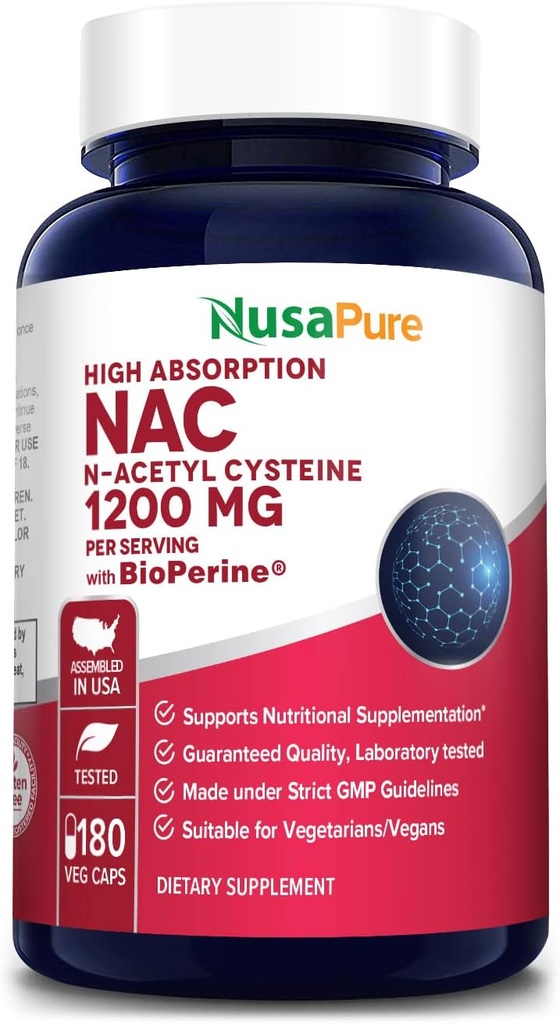 NusaPure N-Acetyl Cysteine (NAC) 1200mg 180 Veggie Caps (Vegetarian, Non-GMO, Gluten Free) 生物素