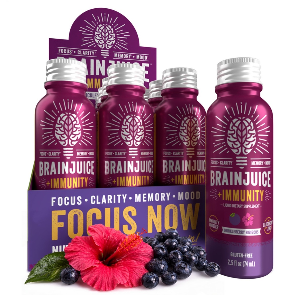 BrainJuice Brain and Immune Shoot, Gluten Free Shots for Energy, Focus, 维生素D豁免, C B, Alpha GPC & Organic Ginger Root, Huckleberry Hibiscus, 2.5 fl oz, 12 Pack 等.