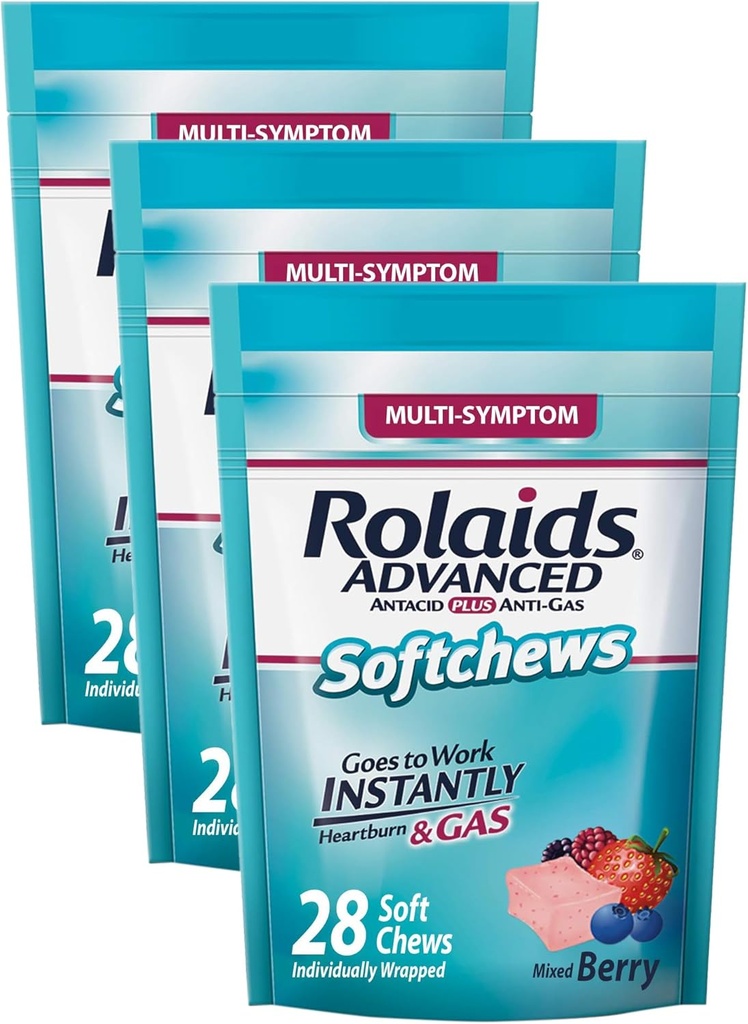 Rolaids Antacid Plus Antacid Anti-Gas Softchews, 28 Counts, 混合莓, Heartburn 和气体救济(第3包)