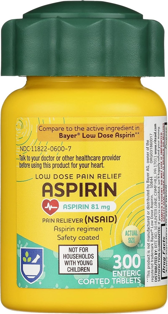 Rite Aid Aspirin 肠道片,81 mg Aspirin - 300 Counter,低剂量止痛药,Aspirin 头痛止痛药,肠道安全服片,Aspirin 劳改药,Migraine Medicine,止痛药