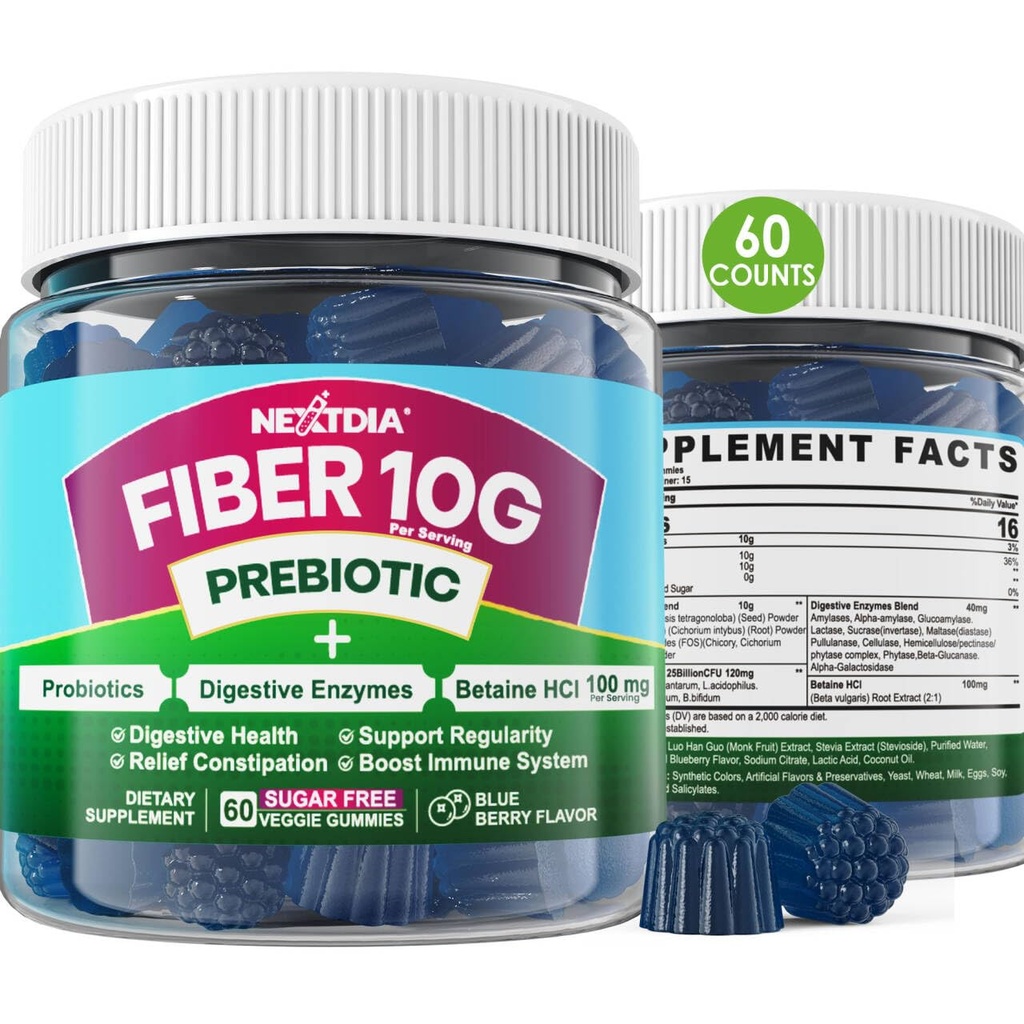 Fiber Gummys for Adults, Sugar Free 10g Prebiotic Fiber 配有消化酶, Probiotics & 100mg Betaine for Digestive & Gut Health and regulated Bowel Movement, Vegan, Gelatin Free, 60ct) 配有消化酶的食前纤维补充, Probiotics & 100mg Betaine for Digestive & Gut Health and Regurede Bowel Movement, Vegan, Gelatin Free, 60ct