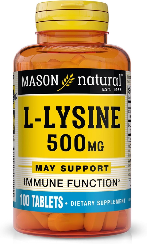 MASON NATURAL L-Lysine 500 mg 配有钙 -- -- 改善免疫功能、增强营养吸收、基本氨基酸、100片