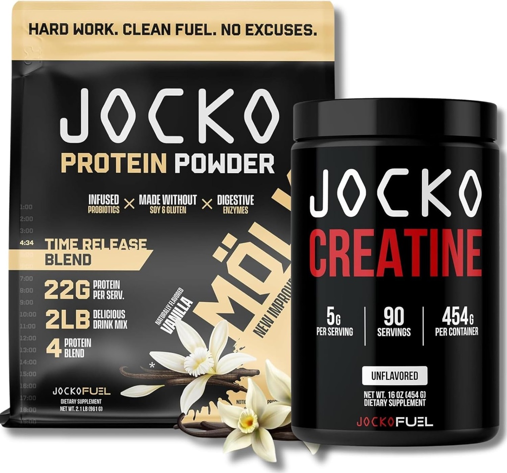 Jocko Fuel Bundle - Vanilla Mölk 蛋白质粉末 + 男子和女子单水合物粉末 - 螺旋性能、恢复、肌肉生长的包