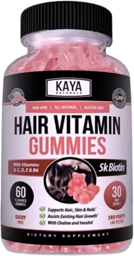 Kaya Naturals hair gummys - Biotin 5000mcg 健康头发、皮肤和钉子的维生素 - 女性或男性的美容补充 - 60 Counter - Blueberry Flavor