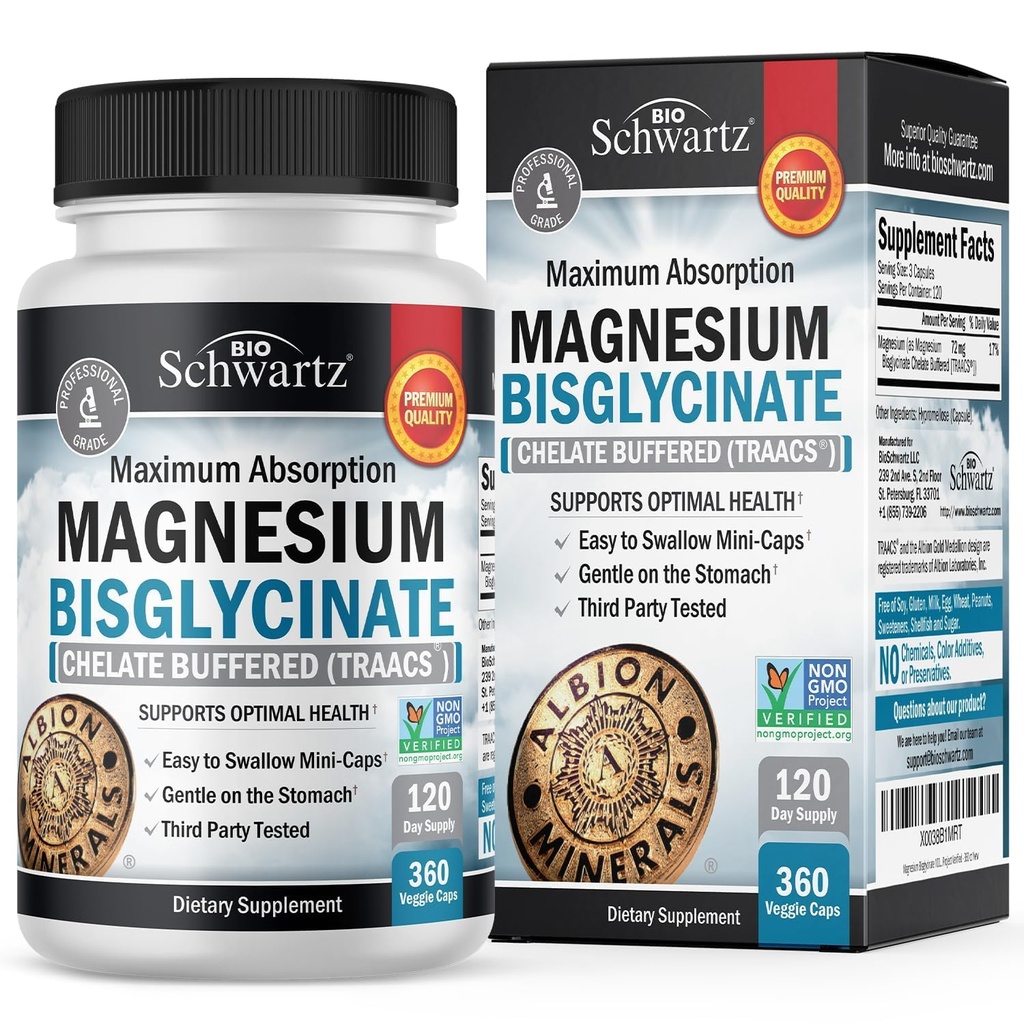 Bisglycnation 锌酸镁补充剂 - 高吸收性镁补充剂,用于肌肉、骨骼和联合支持、非氧化剂、全增减剂、非GMO、最大生物利用率-360卡普尔