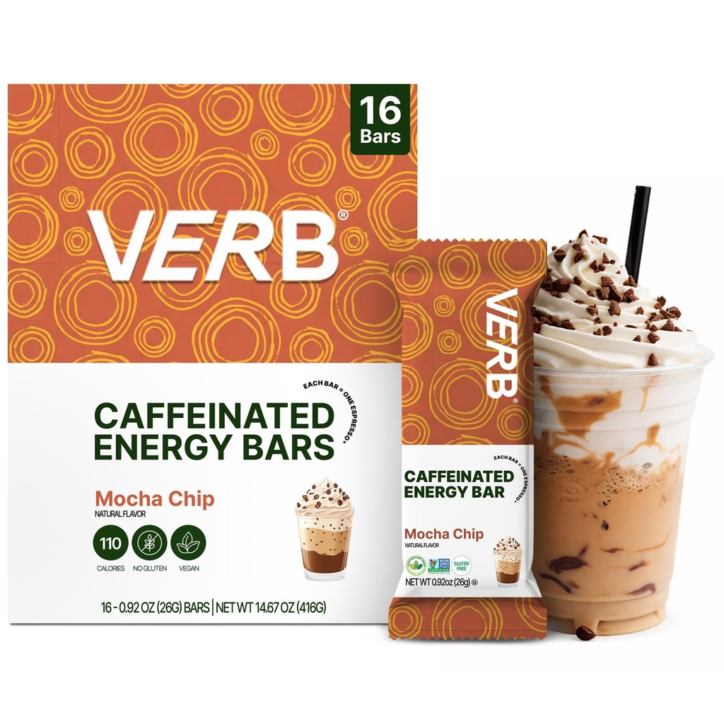 华尔街咖啡酸性能源 Bars Mocha Chip(26g, pack of 16) 110-Calorie 美味低糖能源 Bar - Vegan Gluten Free-the Go Snack 配有80mg 绿色茶叶咖啡因,只有真实食品原料