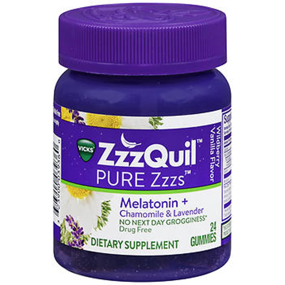 ZzzQuil Pure Zzzs Melatonin Gummys, 睡眠援助, Melatonin 2 mg, 配有 Chamomile & Lavender, Melatonin 睡眠Gummys, 成人睡眠援助, 野莓香草火焰, 24 睡眠Gummys