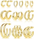 Adoyi 9 配对 黄金 Hoop Earings 套装 女子曲棍球 Huggie Hoops Earings 14K 18K 黄金 Plated for Girls 情人节 母亲生日礼物 轻量级