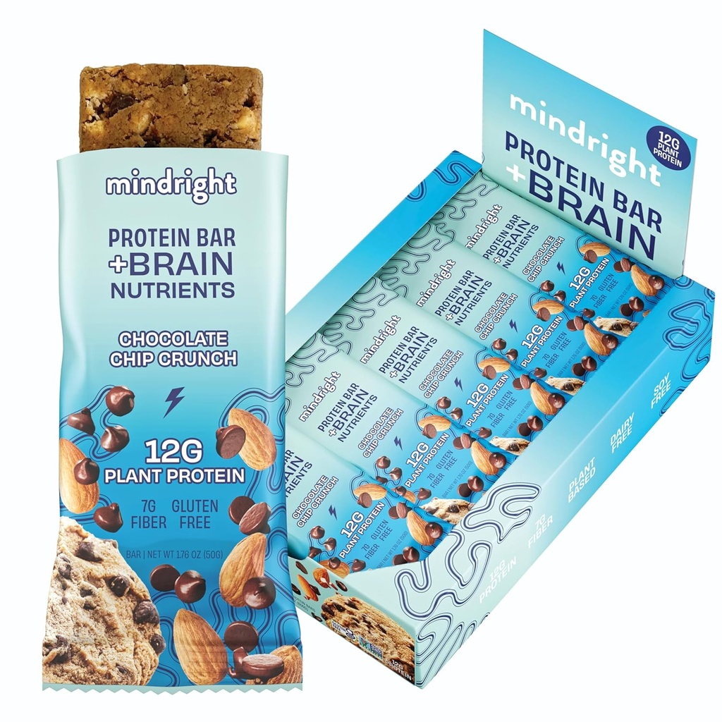Mindright 超级食品 Vegan 蛋白棒 - Gluten Free, Non-Gmo, 低糖 - Brain Food Snack to Inform Mood, Energy, and Focus - Pack of 12 (Chocolate Chip Crunch) (英语:Chocolate Chip Crunch) (中文(中国大陆) ).