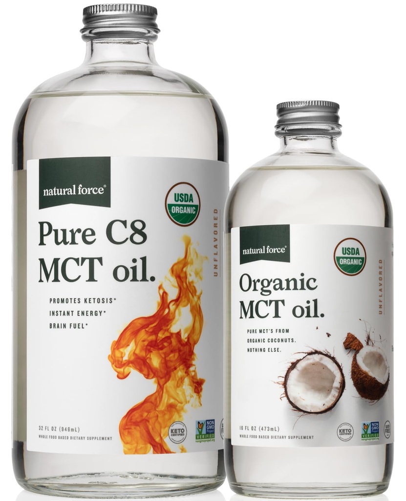 自然力量 有机纯C8 + 有机全谱 MCT 石油 — UDA有机、非转基因、100%纯椰子MCT — Keto、Paleo、Vegan和Kosher — 32 Oz和16 Oz Glass瓶