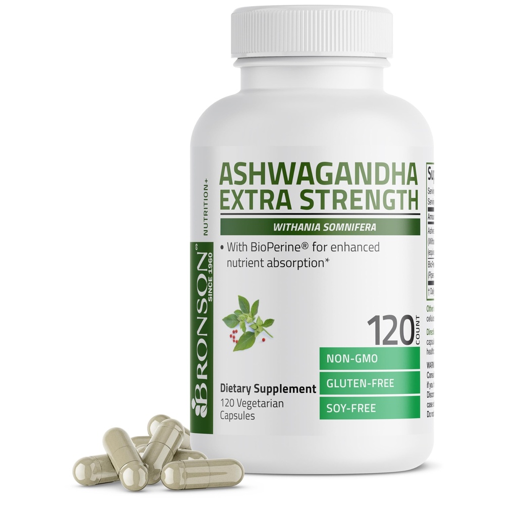 Bronson Ashwagandha 超强压力和混合支持,使用生物Perine-非转基因生物公式,120个蔬菜卡普尔