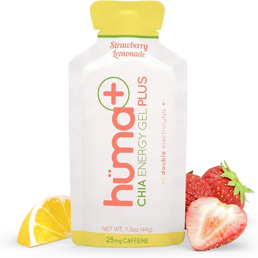 Huma Plus(双电解质) - Chia Energy Gel,草莓柠檬水,24 Gels,25mg Cafeine - 胃部友好,真正的食品能源 Gels