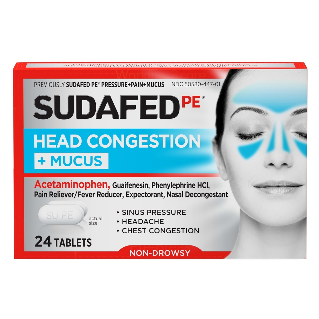 sudafed PE Head Contracting + Mucus Relief Tables for Sinus Press, Contracting, & Headache, 带有乙酰氨基苯的非摇头丸, Guaifensin & Phenylephrine HCI, 24 cm