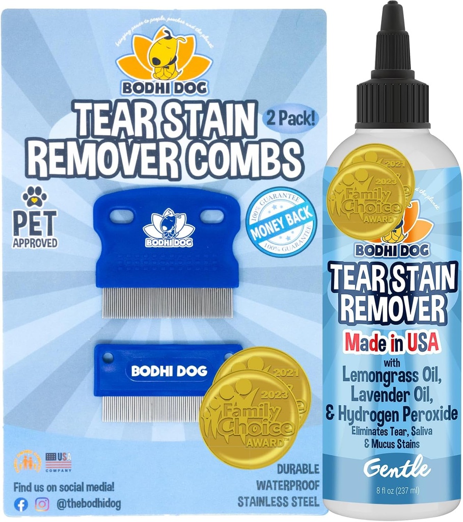 Bodhi Dog 眼泪污泥清除器 & 眼泪污泥清除器 Combs - Gently Removes Stains, Dirt from Pet Eyes - 对狗和猫的安全性 - Gentle on Dogs and Cats - Cleans Delacter Fur - Groming and Tear Stain Protection