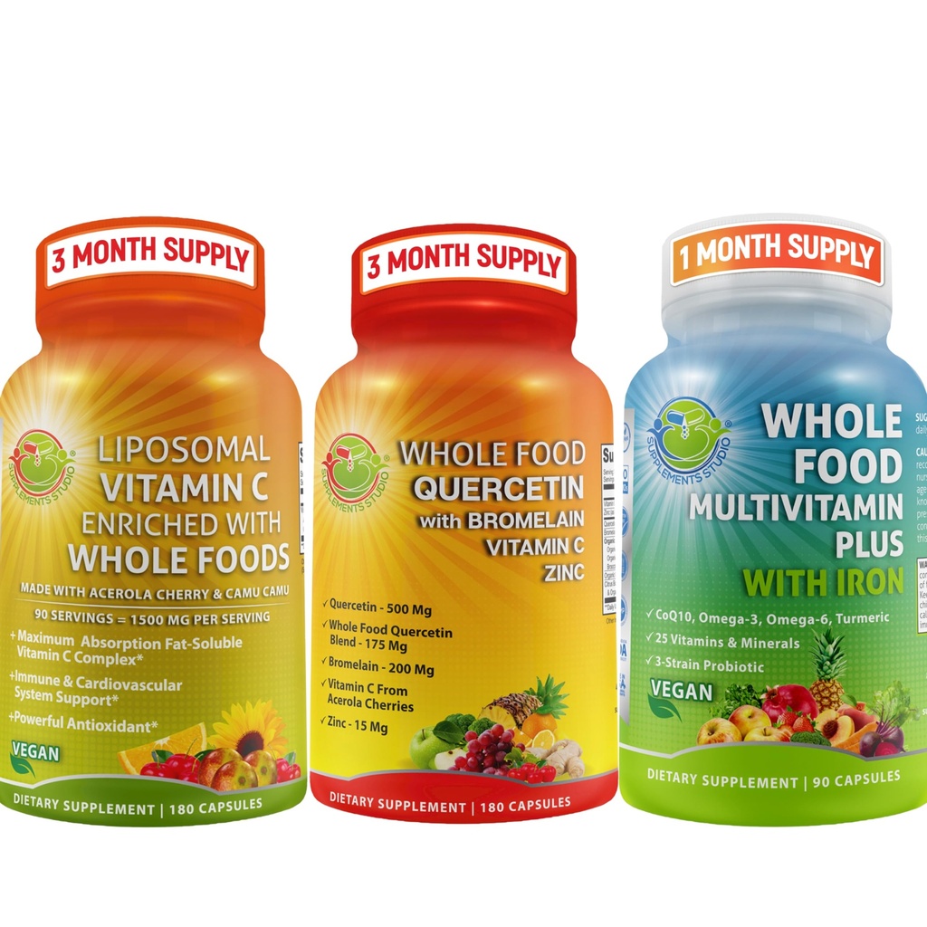 Complete Daily Vitamins - Quercetin with Bromelain Supplement Bundle Up with Multivitamin Plus for Men & Women with Iron and Liposomal Vitamin C Liquid Gel - for Immune, Respiratory, Digestive Support