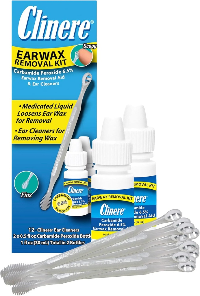 Clinere Earwax 切除工具、安全而轻便的清洁耳蜡、Itch Relief、即时工作 5oz Carbamide Peroxi、2 x 5 Fl Oz和12根棍