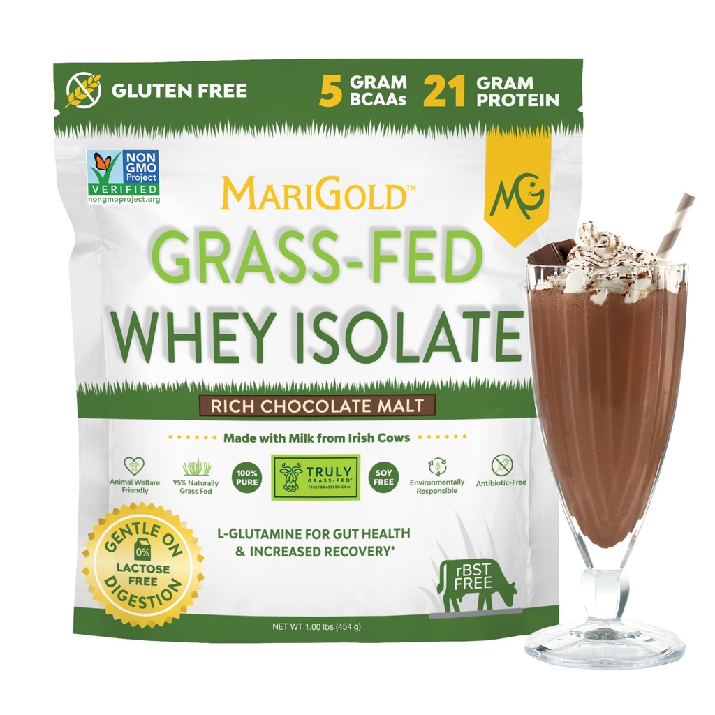 MariGold grass-feed Whey蛋白蛋白隔离粉 - 富巧克力麦芽软糖 - 1 Lb - 100%纯度,冷处理,微加工,未定型,非GMO,rBGH自由,大豆自由,Gluten自由,乳糖自由