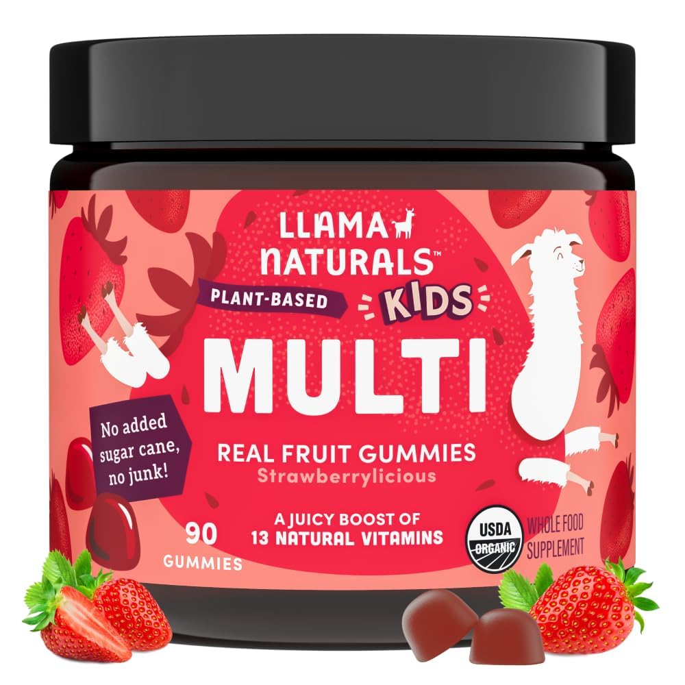 Llama Naturals Kids Multivitamin Gummys, Vegan, 有机与维生素D, C & K, 托德勒 Real Fruit Gummy Vitamins, Chewable Supplement, 全食品 多维特敏, 无添加糖蔗,草莓, 90 Ct