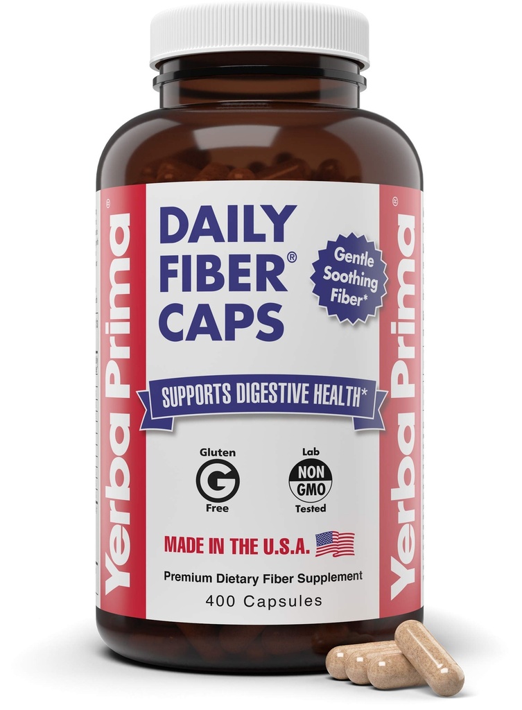 Yerba Prima Daily Fiber Caps Formula, 400 Capsules - 可溶性和不溶性 - 配有 Psyllium种子胡斯克, Acacia Gum, Apple Fiber and More - 饮食补充