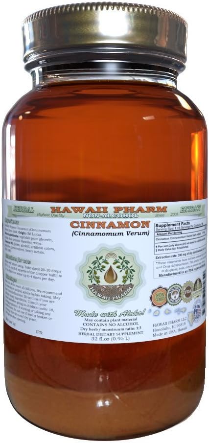 肉桂无酒精液体萃取,肉桂(Cinnamomum Verum) 干巴克 Glycerite Hawaii Pharm 天然草药补充剂 32 oz 未过滤