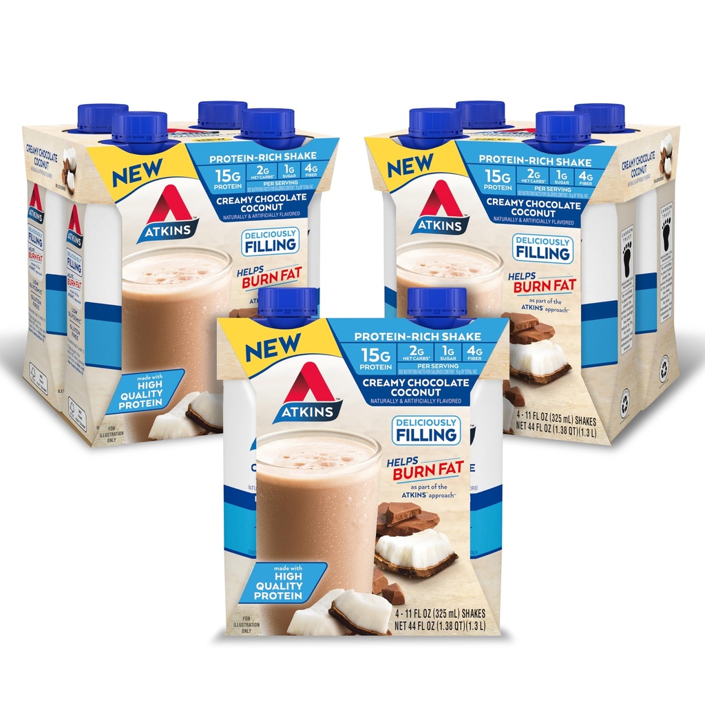 Atkins Creamy 巧克力椰子蛋白摇摆,15g蛋白,2g Net Carbs,1g Sugar,Keto 友好,12count
