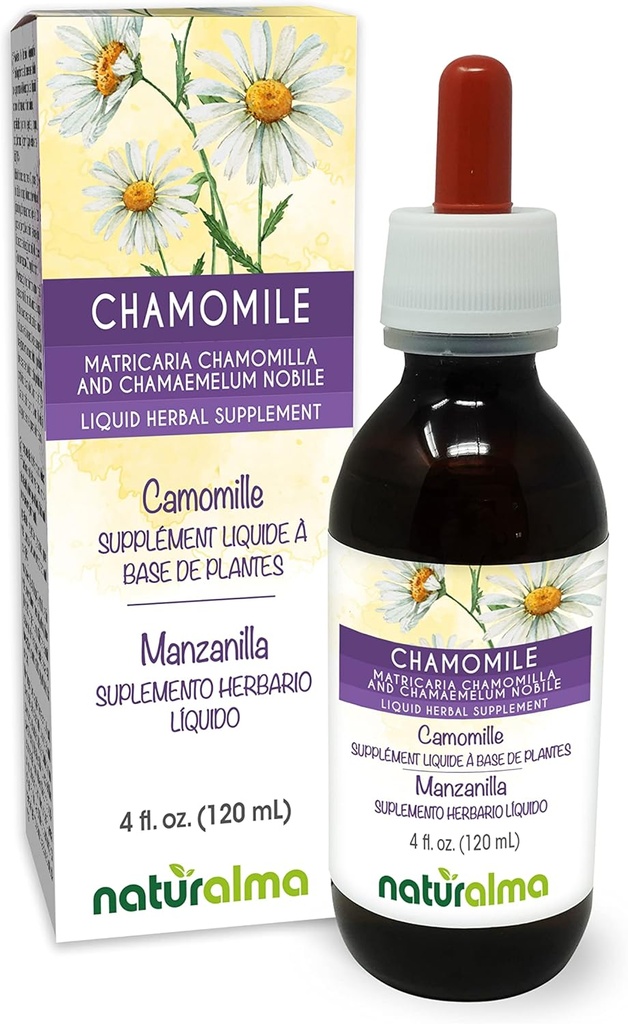 Naturalma German and Roman Chamomile (英语:Matricaria chamomilla and Chamaemelum nobile) 花无酒精叮当 - 4 fl oz 液滴提取 - 草药补充 - 维加恩