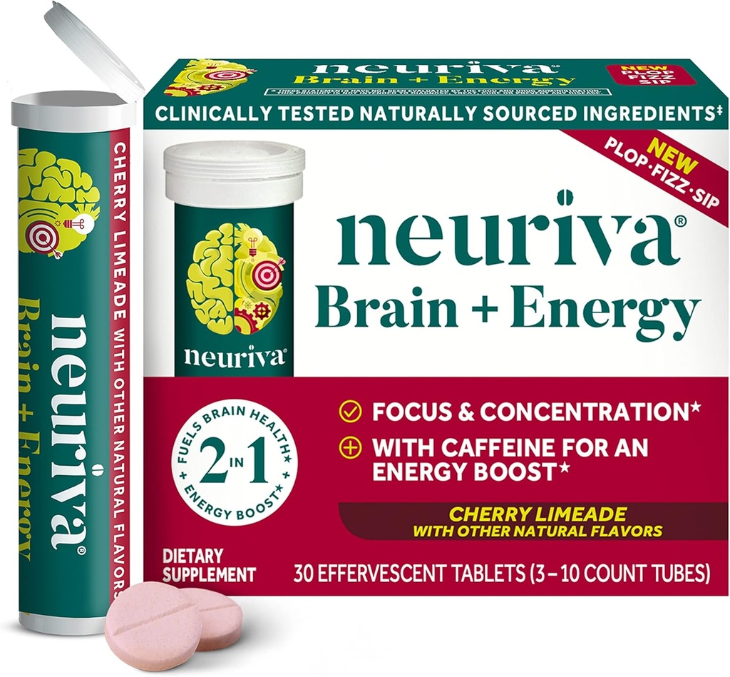NEURIVA Brain + Energy 补充剂,临床测试的神经元用于聚焦和浓度,维生素B12,和咖啡因的150mg用于即时能量刺激,30cmt Cherry Limeade Efferscent 片