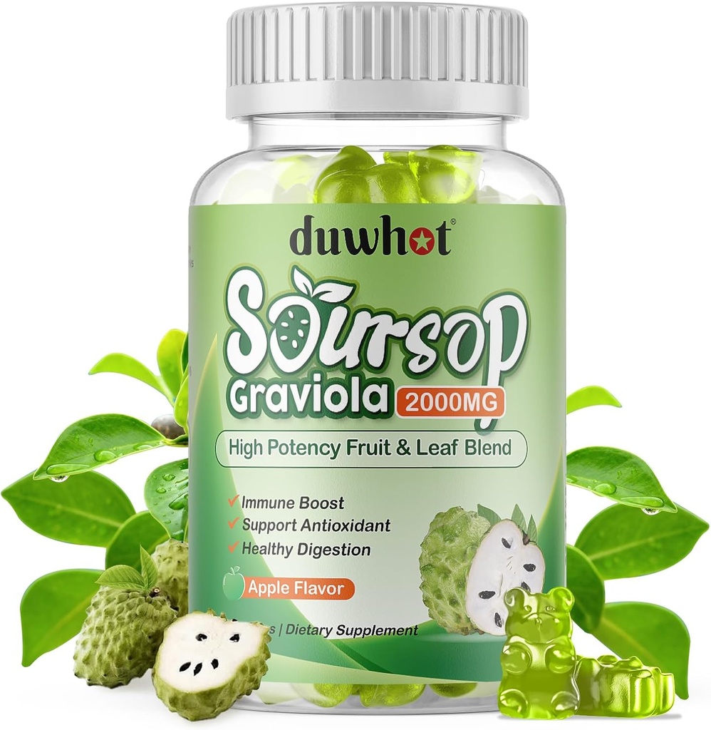 Soursop Gummys 2000MG、Soursop Leaf和成人水果提取、Soursop水果w/维生素C用于免疫支持、抗氧化剂和消化剂援助,Vegan,60个计数