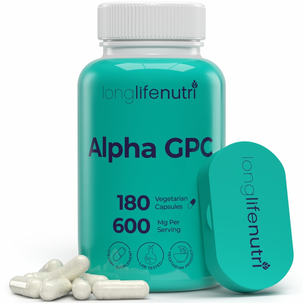 Alpha GPC Choline 补充600mg – 180 Vegetarian Capsules, 高纯度 Nootropic for Daily Energy, 3-Month 供应, 认知和精神清晰的乙酰胆碱来源, GMP 认证,美国制造