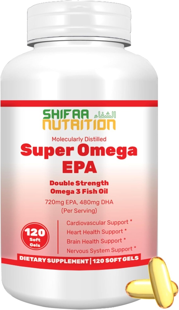 SHIFAA营养卤鱼油软胶120Ct,双强-Halal Omega 3鱼油补充剂. 野生捕捉、非GMO和纯化