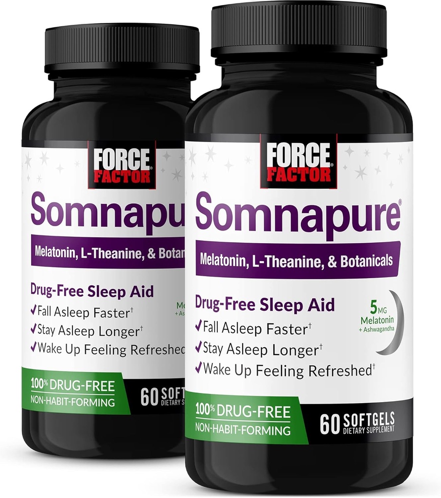 FORCE FACTOR Somnapure Softgels 2-Pack Sleep Asleep Asfaster, stay Asleep Longer, Wake Up 刷新, 成人睡眠 Ashwagandha, Valerian Root, 120 软胶