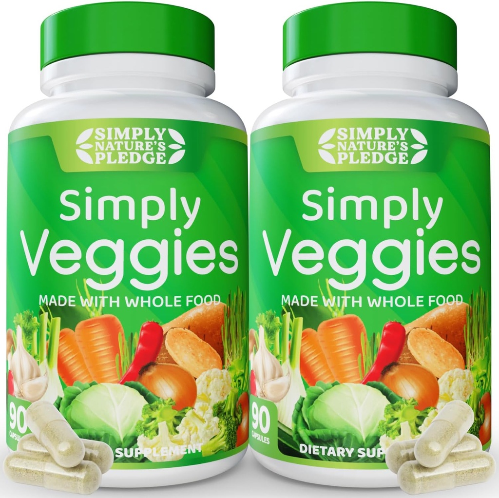 单纯的自然承诺——90个蔬菜卡普勒斯——2个月的供应——用全食品超级食品制成,用Beta Carotene和18种不同的蔬菜包装——100%无豆