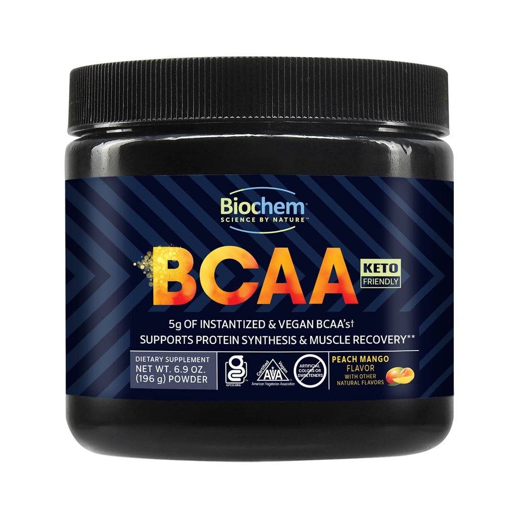 Biochem BCAA 粉桃芒果 5g – 30 services QQ Vegan, Gluten Free, Keto, 即时化 2: 1:1 BCAA 肌肉恢复、蛋白质合成和水分补充 + 电解氨酸粉