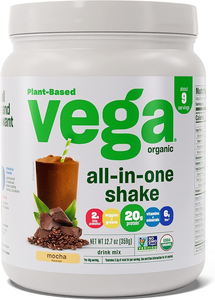 Vega Overical-In-One Vegan蛋白蛋白粉摩卡(9名服务员) 超级食品原料,豁免支持维生素,Keto Friendly, Pea Protein for Women and Men, 12.7oz (Package May Vary)