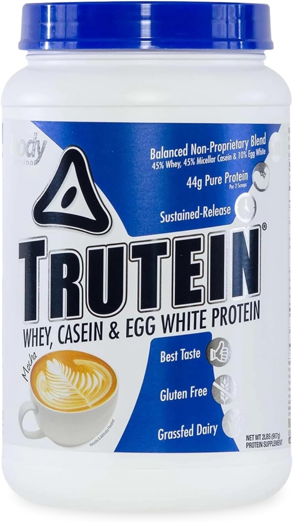 体营养 Trutein 高蛋白粉:45% Whey,45% Casein,10% Egg White,无葡萄糖,低钠,草药Whey蛋白粉,Gym 补充和早餐摇摆,Mocha, 2lb